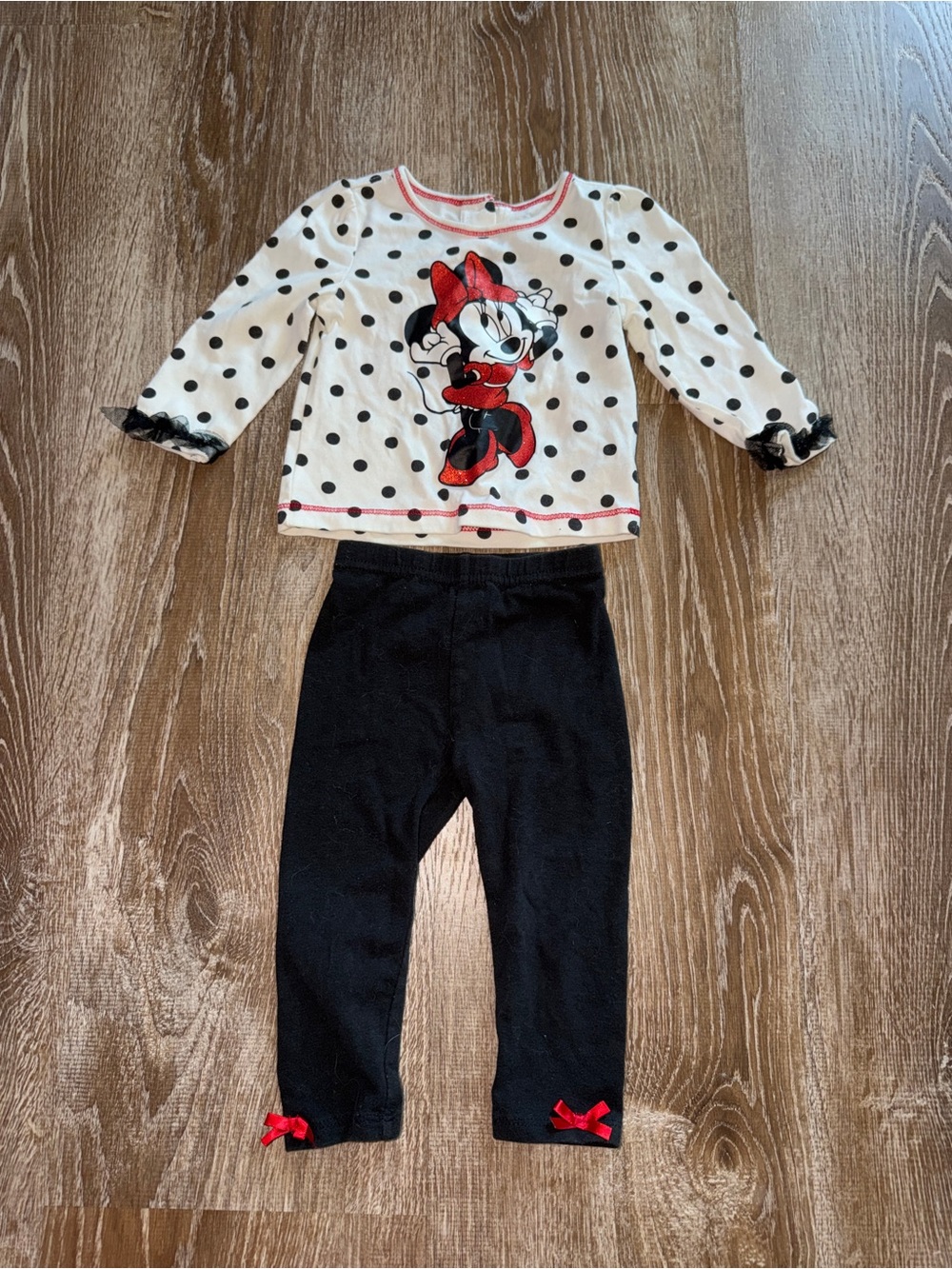 Disney Minnie Mouse Black & White Polka Dot Pajama Set with Red Accents
